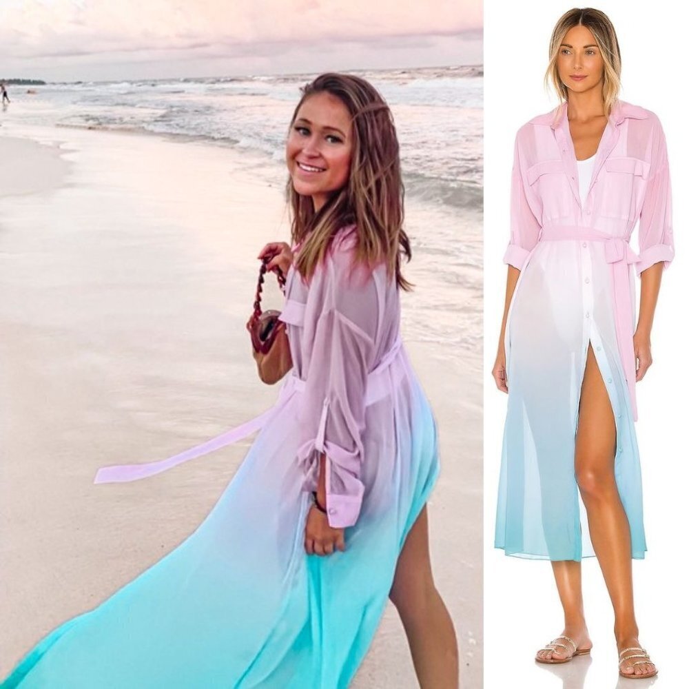 Rococo Sand Ciel Shirt Dress Ombre Rainbow Sheer Cover Up Pink Blue XS